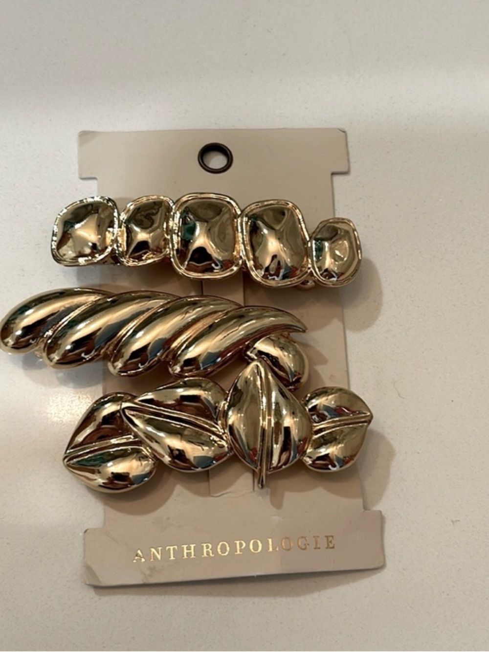 Anthropologie Shiny Gold Sculpted Metal Hair Clip Set - 3 Pieces